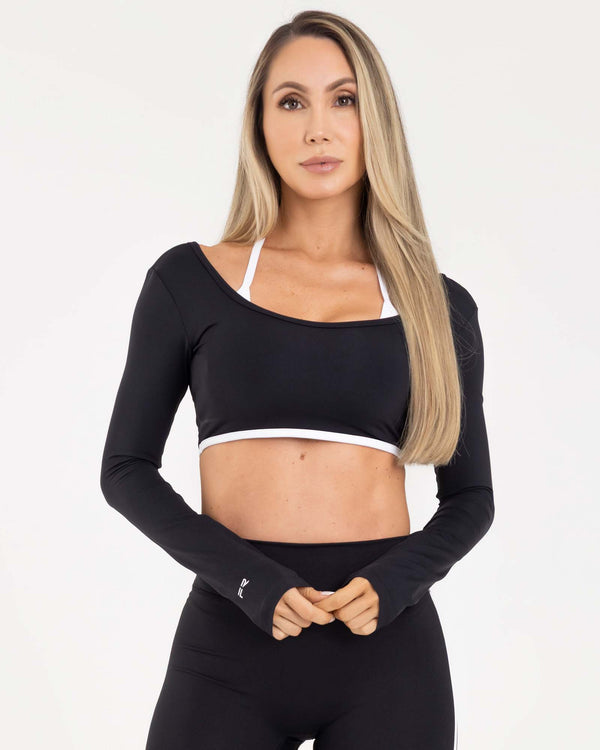 Top manga larga sleek negro classy FIBER