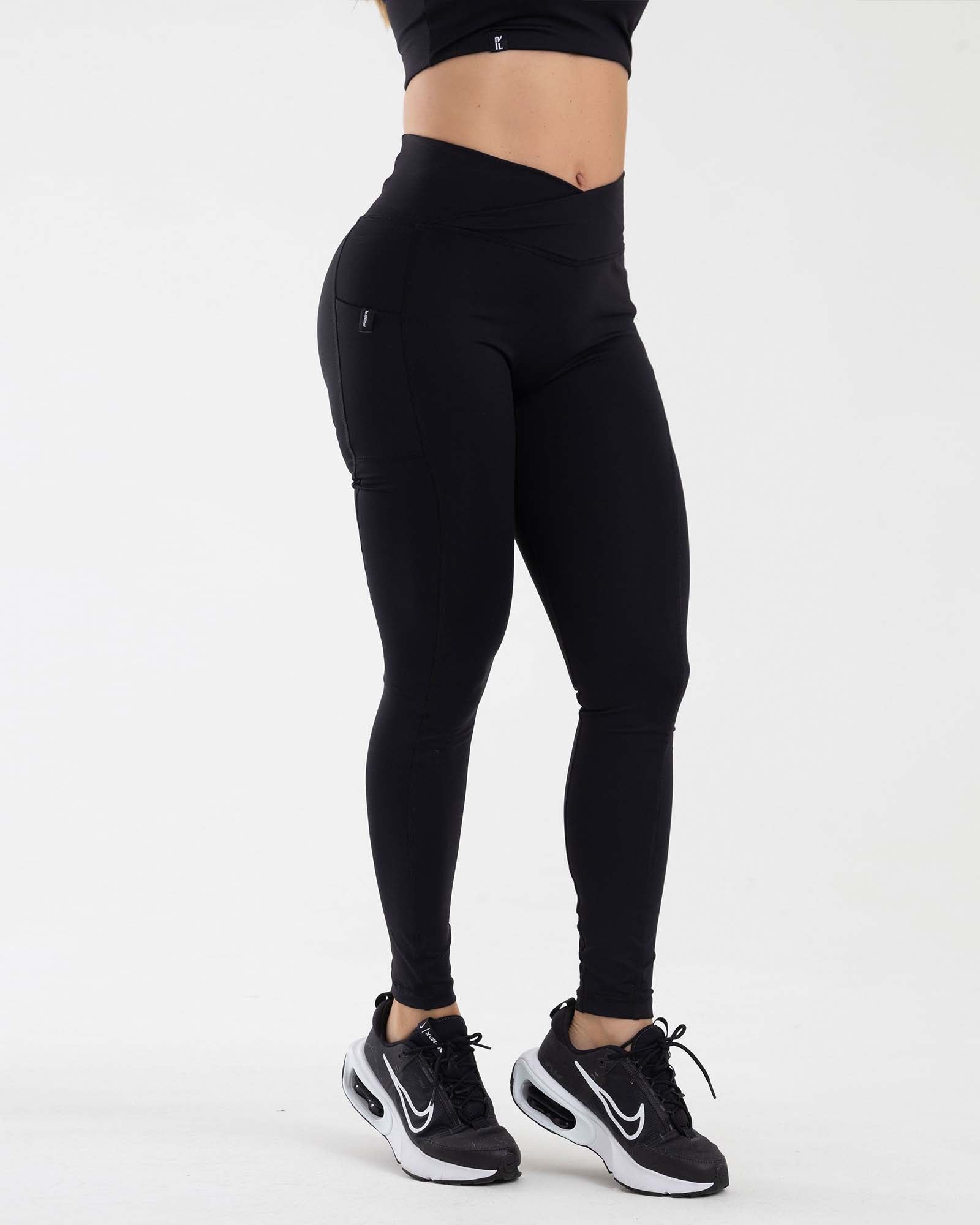 Leggings cross waist ruching negro focused FIBER