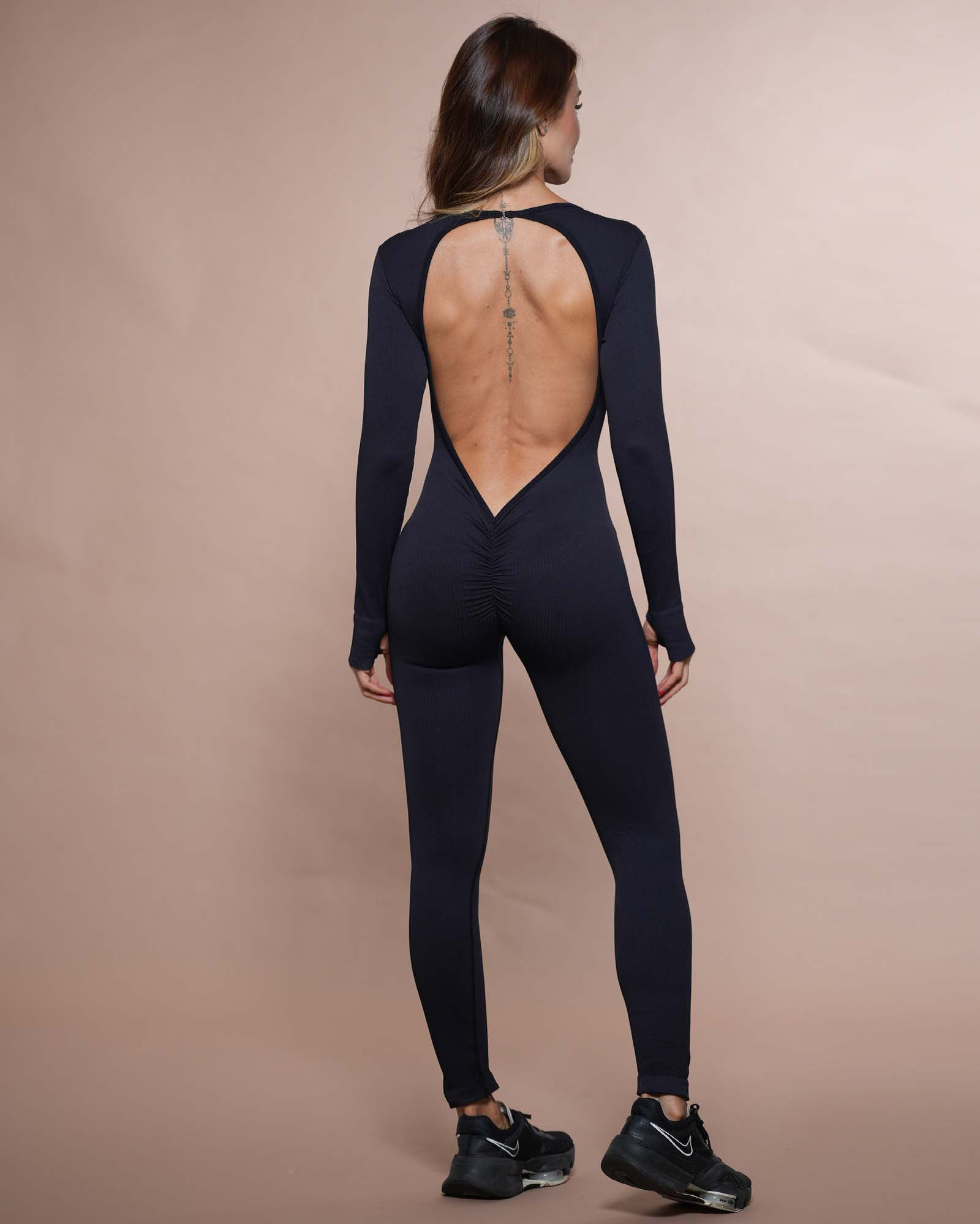Enterizo largo ruching manga larga seamless negro aurora FIBER