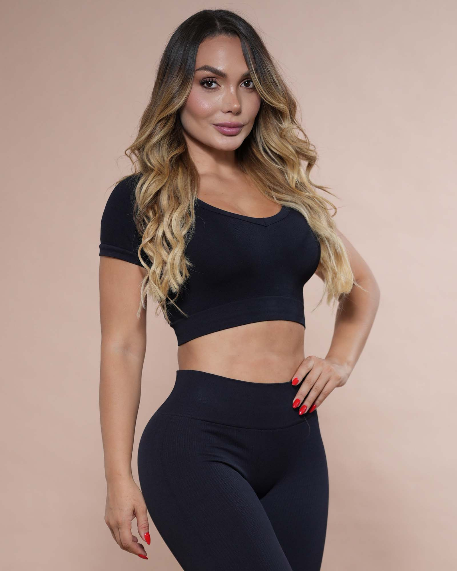 Top manga corta seamless negro aurora FIBER
