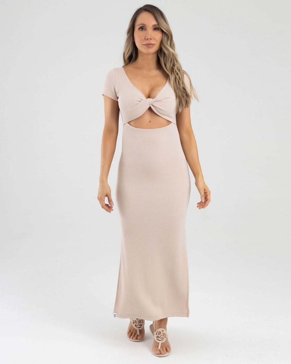 Vestido largo cross chest beige nude active luxe FIBER