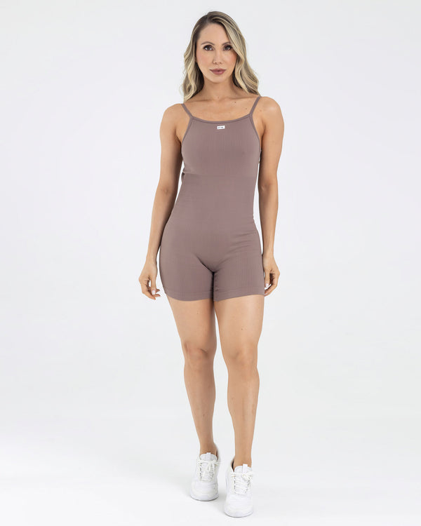 Enterizo manga sisa fruncido sin costuras cafe latte pilates FIBRA