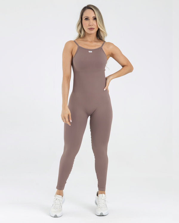 Enterizo manga sisa largo seamless ruching cafe latte pilates FIBER