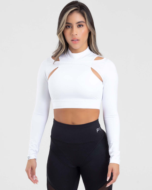 Top manga larga cut out blanco shiny FIBER